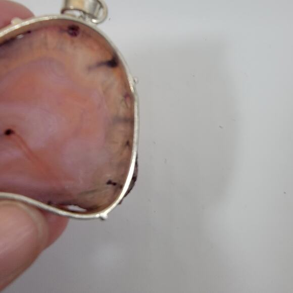 Handmade Silver Pendant with Natural Orange Agate Slice in Sterling Setting - Picture 2 of 10